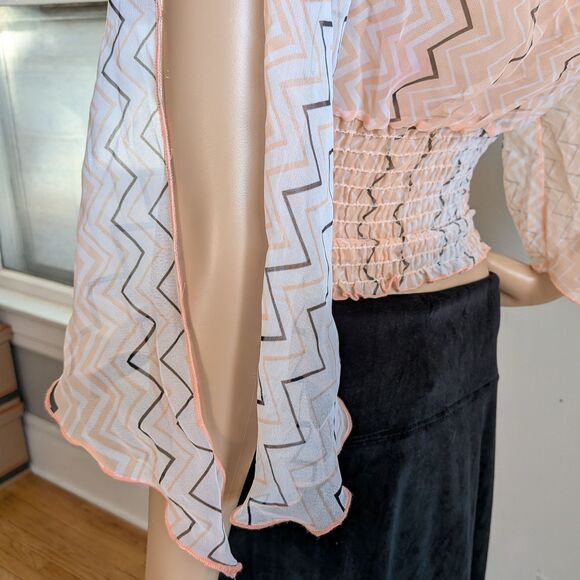 Vintage Y2K Q&A Cropped Top Semi-Sheer Shirred Zig Zag Boho Size Large - Picture 6 of 8
